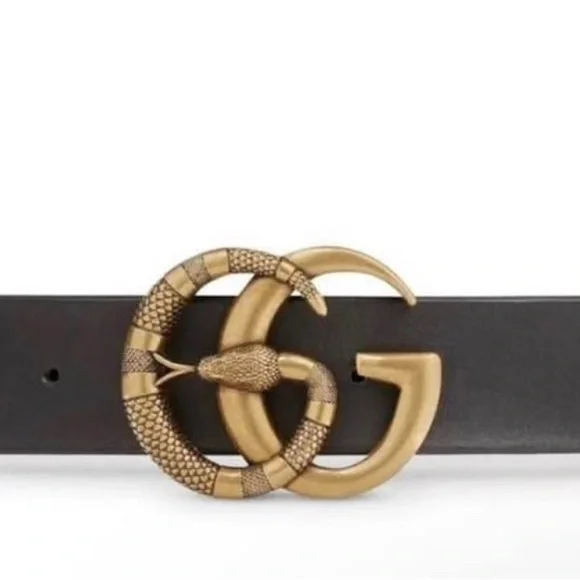 Gucci Black Belt with Gold Double G Snake Buckle GUCCI GG Marmont Snake Gold Buckle Belt Gold/Brass With  main image 4